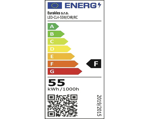 Energetický štítok pre LED lampu Eurakles so spotrebou 55 kWh na 1000 hodín, trieda energetickej účinnosti F