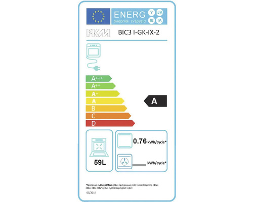 Energetický štítok pre rúru PKM BIC3 I-GK-IX-2 s triedou energetickej účinnosti A, objemom 59 litrov a spotrebou energie 0,76 kWh na cyklus