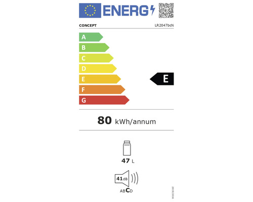 Energetický štítok s triedou energetickej účinnosti E, 80 kilowatthodín ročne, objem 47 litrov a hlučnosť 41 decibelov