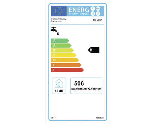 Energetický štítok pre ohrievač vody s triedou energetickej účinnosti B, ročnou spotrebou energie 506 kilowatthodín a hlučnosťou 15 decibelov
