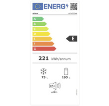 Energetický štítok Mora s triedou energetickej účinnosti E, ročnou spotrebou energie 221 kilowatthodín, objemom mraziaceho priestoru 75 litrov a objemom chladiaceho priestoru 195 litrov