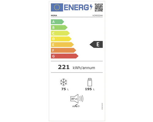 Energetický štítok Mora s triedou energetickej účinnosti E, ročnou spotrebou energie 221 kilowatthodín, objemom mraziaceho priestoru 75 litrov a objemom chladiaceho priestoru 195 litrov