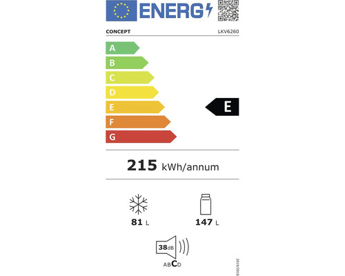 Energetický štítok Concept LKV6260 s triedou energetickej účinnosti E, ročnou spotrebou energie 215 kilowatthodín, objemom mraziaceho priestoru 81 litrov, objemom chladiaceho priestoru 147 litrov a hlučnosťou 38 decibelov