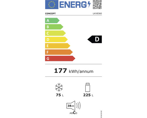 Energetický štítok s triedou energetickej účinnosti D, ročnou spotrebou energie 177 kilowatthodín za rok, objemom mraziaceho priestoru 75 litrov a objemom chladiaceho priestoru 225 litrov