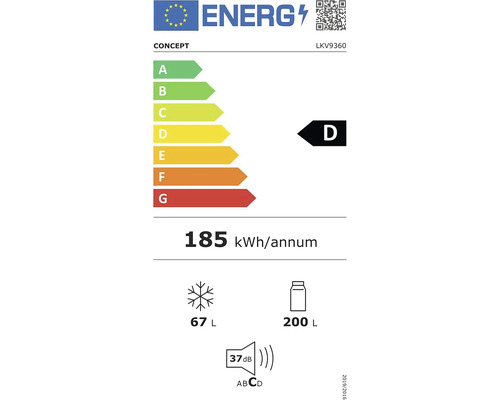 Energetický štítok s triedou energetickej účinnosti D, ročnou spotrebou energie 185 kilowatthodín, objemom mraziaceho priestoru 67 litrov, objemom chladiaceho priestoru 200 litrov a hlučnosťou 37 decibelov