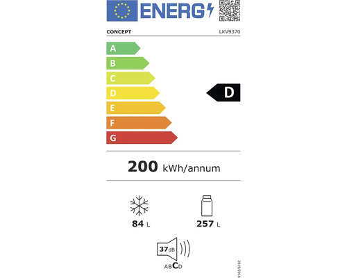 Energetický štítok pre chladiace zariadenia s triedou energetickej účinnosti D, ročnou spotrebou energie 200 kWh, objemom mraziaceho priestoru 84 litrov a objemom chladiaceho priestoru 257 litrov