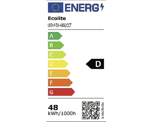 Energetický štítok Ecolite LED-NZA-48W/CCT, trieda energetickej účinnosti D, spotreba energie 48 kWh za 1000 hodín