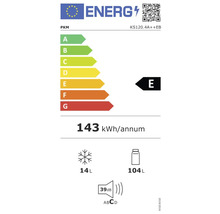 Energetický štítok PKM s triedou energetickej účinnosti E, ročnou spotrebou energie 143 kWh, objemom mraziaceho priestoru 14 litrov a objemom chladiaceho priestoru 104 litrov a hlučnosťou 39 decibelov.