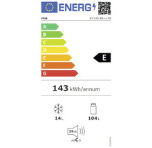 Energetický štítok PKM s triedou energetickej účinnosti E, ročnou spotrebou energie 143 kWh, objem mraziaceho priestoru 14 litrov, objem chladiaceho priestoru 104 litrov a hlučnosťou 39 decibelov