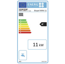 Energetický štítok pre kotol Biopel MINI 11 s triedou energetickej účinnosti A+ a výkonom 11 kilowattov