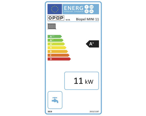 Energetický štítok pre kotol Biopel MINI 11 s triedou energetickej účinnosti A+ a výkonom 11 kilowattov