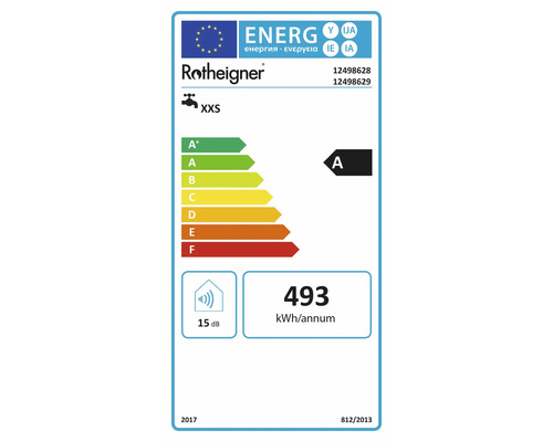Energetický štítok pre vodovodný kohútik Rotheigner, trieda energetickej účinnosti A, spotreba 493 kWh za rok