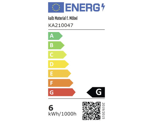 Energetický štítok pre nábytkový materiál triedy G, 6 kilowatthodín na 1000 hodín