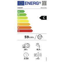 Energetický štítok pre umývačku riadu energetickej triedy C, spotreba energie 59 kilowatthodín na 100 umývacích cyklov