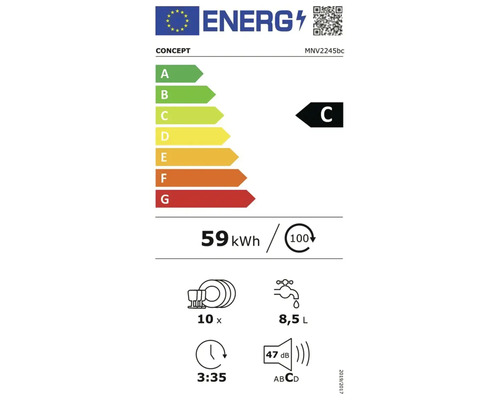 Energetický štítok pre umývačku riadu energetickej triedy C, spotreba energie 59 kilowatthodín na 100 umývacích cyklov