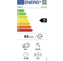 Energetický štítok s triedou energetickej účinnosti D, spotreba energie 85 kilowatthodín na 100 cyklov, 14 súprav riadu, spotreba vody 11,0 litrov, hlučnosť 47 decibelov, trvanie programu 3 hodiny 18 minút