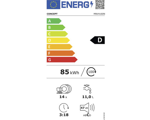 Energetický štítok s triedou energetickej účinnosti D, spotreba energie 85 kilowatthodín na 100 cyklov, 14 súprav riadu, spotreba vody 11,0 litrov, hlučnosť 47 decibelov, trvanie programu 3 hodiny 18 minút