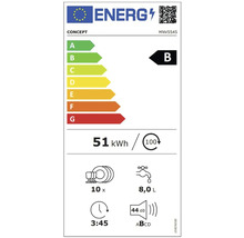 Energetický štítok s triedou energetickej účinnosti B, spotrebou energie 51 kilowatthodín na 100 cyklov, menovitou kapacitou 10 súprav riadu, spotrebou vody 8,0 litrov na cyklus a hlučnosťou 44 decibelov