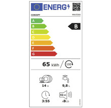 Energetický štítok s triedou energetickej účinnosti B, spotreba energie 65 kilowatthodín na 100 umývacích cyklov, 14 sád riadu, spotreba vody 9,8 litra, doba trvania programu 3 hodiny 55 minút, hlučnosť 42 decibelov