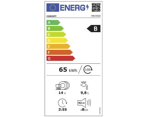 Energetický štítok s triedou energetickej účinnosti B, spotreba energie 65 kilowatthodín na 100 umývacích cyklov, 14 sád riadu, spotreba vody 9,8 litra, doba trvania programu 3 hodiny 55 minút, hlučnosť 42 decibelov