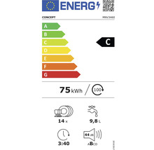 Energetický štítok s triedou energetickej účinnosti C, spotrebou 75 kWh na 100 cyklov umývania, 14 súpravami riadu, spotrebou vody 9,8 litra, dobou trvania programu 3 hodiny 40 minút a hlučnosťou 44 decibelov.