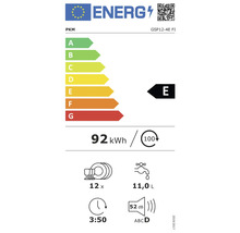 Energetický štítok PKM GSP12-4E FI s triedou energetickej účinnosti E, spotreba energie 92 kilowatthodín na 100 cyklov, 12 súprav riadu, spotreba vody 11,0 litrov, trvanie programu 3 hodiny 50 minút, hladina hluku 52 decibelov