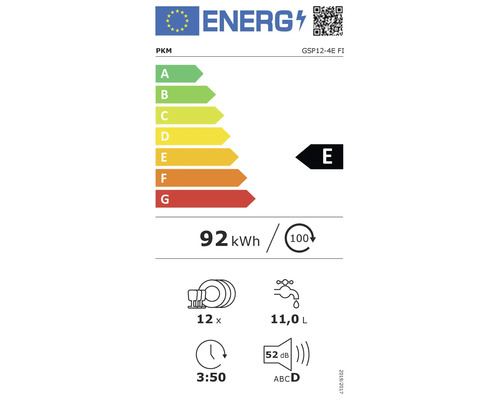 Energetický štítok PKM GSP12-4E FI s triedou energetickej účinnosti E, 92 kWh, 12 súprav riadu, spotreba vody 11,0 litrov, 52 decibelov a doba trvania programu 3 hodiny 50 minút