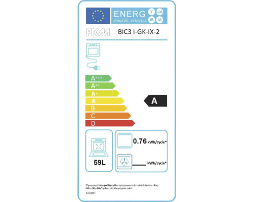 Energetický štítok pre rúru PKM BIC3 I-GK-IX-2 s triedou energetickej účinnosti A, spotrebou energie 0.76 kWh na cyklus a objemom 59 litrov.