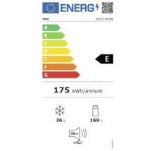 Energetický štítok PKM s triedou energetickej účinnosti E, spotreba energie 175 kWh za rok, mraziaci priestor 36 litrov, chladiaci priestor 169 litrov a hlučnosť 39 decibelov