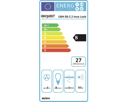 Energetický štítok pre digestor Exquisit UBH 08-2.2 Inox Look s triedou energetickej účinnosti B, ročnou spotrebou energie 27 kilowatthodín a hlučnosťou 65 decibelov