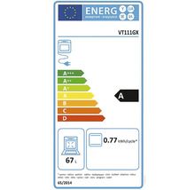 Energetický štítok EÚ pre rúru VT111GX, energetická trieda A, 0,77 kilowatthodín na cyklus, objem 67 litrov.