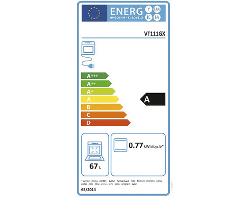 Energetický štítok EÚ pre rúru VT111GX, energetická trieda A, 0,77 kilowatthodín na cyklus, objem 67 litrov.