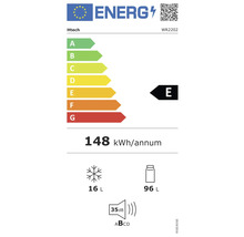 Energetický štítok pre Htech WR2202 s triedou energetickej účinnosti E, ročnou spotrebou energie 148 kilowatthodín, objemom mraziaceho priestoru 16 litrov a objemom chladiaceho priestoru 96 litrov a hlučnosťou 35 decibelov.