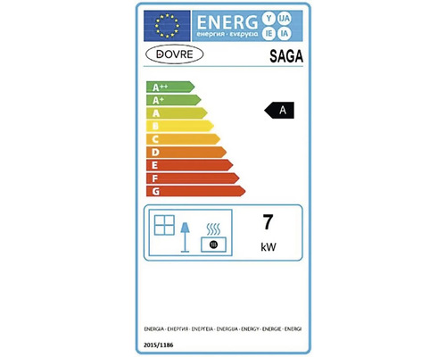 Energetický štítok Dovre Saga s triedou energetickej účinnosti A a vykurovacím výkonom 7 kilowatt