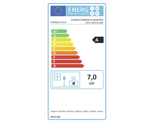 Európsky energetický štítok pre Cumulus Omega XL Kalkstein od Thermia s energetickou triedou A a tepelným výkonom 7,0 Kilowatt.