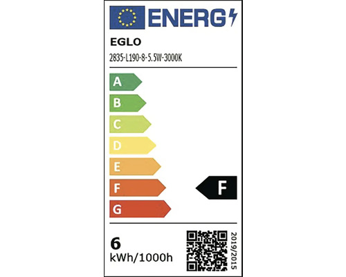 Európsky energetický štítok pre EGLO model 2835-L190-8-5.5 Watt-3000 Kelvin, energetická trieda F, 6 kilowatthodín na 1000 hodín.