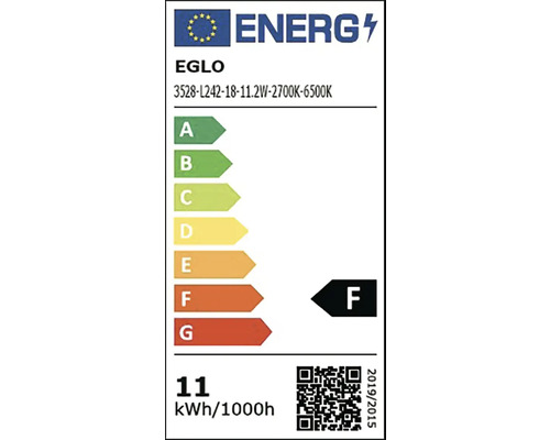 Európsky energetický štítok pre EGLO s triedou energetickej účinnosti F a spotrebou energie 11 kilowatthodín na 1000 hodín.