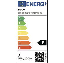 Európsky energetický štítok pre Eglo, trieda energetickej účinnosti F na stupnici od A po G, spotreba energie 7 kilowatthodín na 1000 hodín.