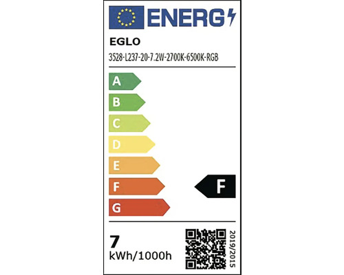 Európsky energetický štítok pre Eglo, trieda energetickej účinnosti F na stupnici od A po G, spotreba energie 7 kilowatthodín na 1000 hodín.
