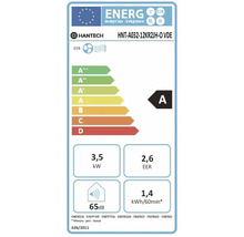 Hantech Logo, energetický štítok, energetická trieda A, chladiaci výkon 3,5 kilowatt, koeficient energetickej účinnosti 2,6, hladina hluku 65 decibelov.
