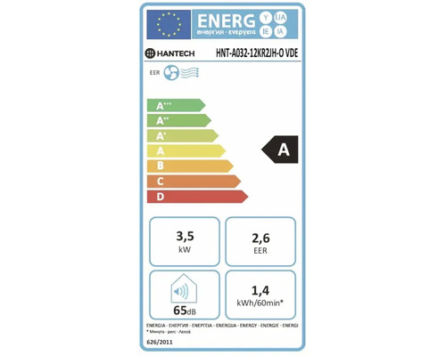 Hantech Logo, energetický štítok, energetická trieda A, chladiaci výkon 3,5 kilowatt, koeficient energetickej účinnosti 2,6, hladina hluku 65 decibelov.