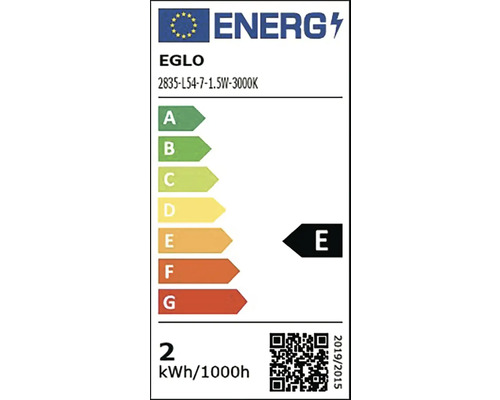 Energetický štítok Európskej únie pre svetelný zdroj EGLO, trieda energetickej účinnosti E, spotreba energie 2 kilowatthodiny na 1000 hodín.