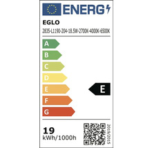 Európsky energetický štítok EGLO, trieda energetickej účinnosti E, 19 kilowatthodín na 1000 hodín.