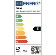 Energetický štítok EÚ pre EGLO, trieda energetickej účinnosti D na stupnici od A po G, spotreba 17 kilowatthodín na 1000 hodín.