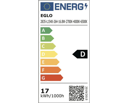 Energetický štítok EÚ pre EGLO, trieda energetickej účinnosti D na stupnici od A po G, spotreba 17 kilowatthodín na 1000 hodín.