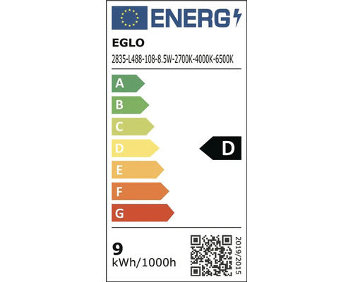 Energetický štítok EÚ pre Eglo 2835-L488-108. Energetická trieda D na stupnici A až G. Spotreba energie 9 kilowatthodín na 1000 hodín.