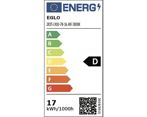 Energetický štítok pre EGLO model 2835-L910-78-16.4W-3000K, trieda energetickej účinnosti D, 17 kilowatthodín na 1000 hodín.