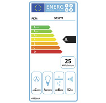 Európsky energetický štítok PKM 9039Y1: trieda A, 25 kilowatthodín za rok, prúdenie B, osvetlenie A, tukové filtre D, 52 decibelov.