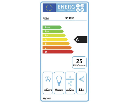 Európsky energetický štítok PKM 9039Y1: trieda A, 25 kilowatthodín za rok, prúdenie B, osvetlenie A, tukové filtre D, 52 decibelov.