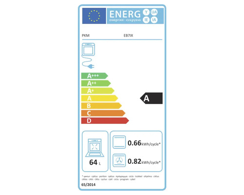 Energetický štítok EÚ pre rúru PKM EB7IX, trieda energetickej účinnosti A, objem rúry 64 litrov, spotreba 0,66 až 0,82 kilowatthodín na cyklus.